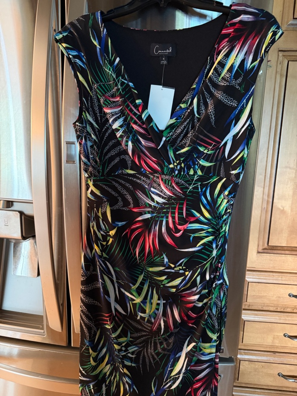 Connected Apparel Black Tropical Leaf Midi Dress with Multicolor Print